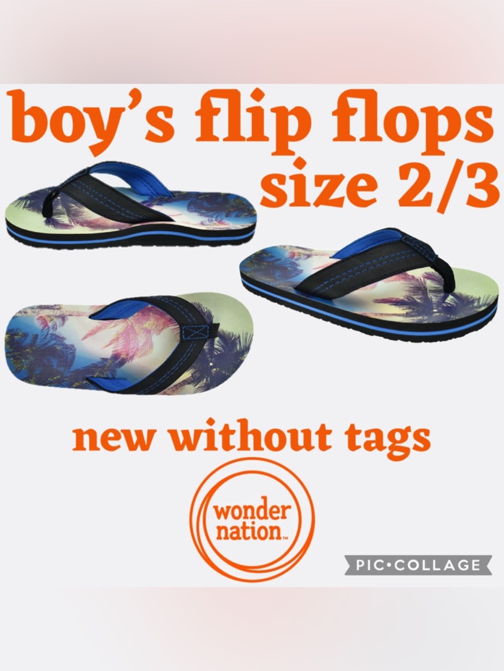 Wonder Nation Youth Boys Palm Tree Flip Flops Size 2/3 NEW without Tags